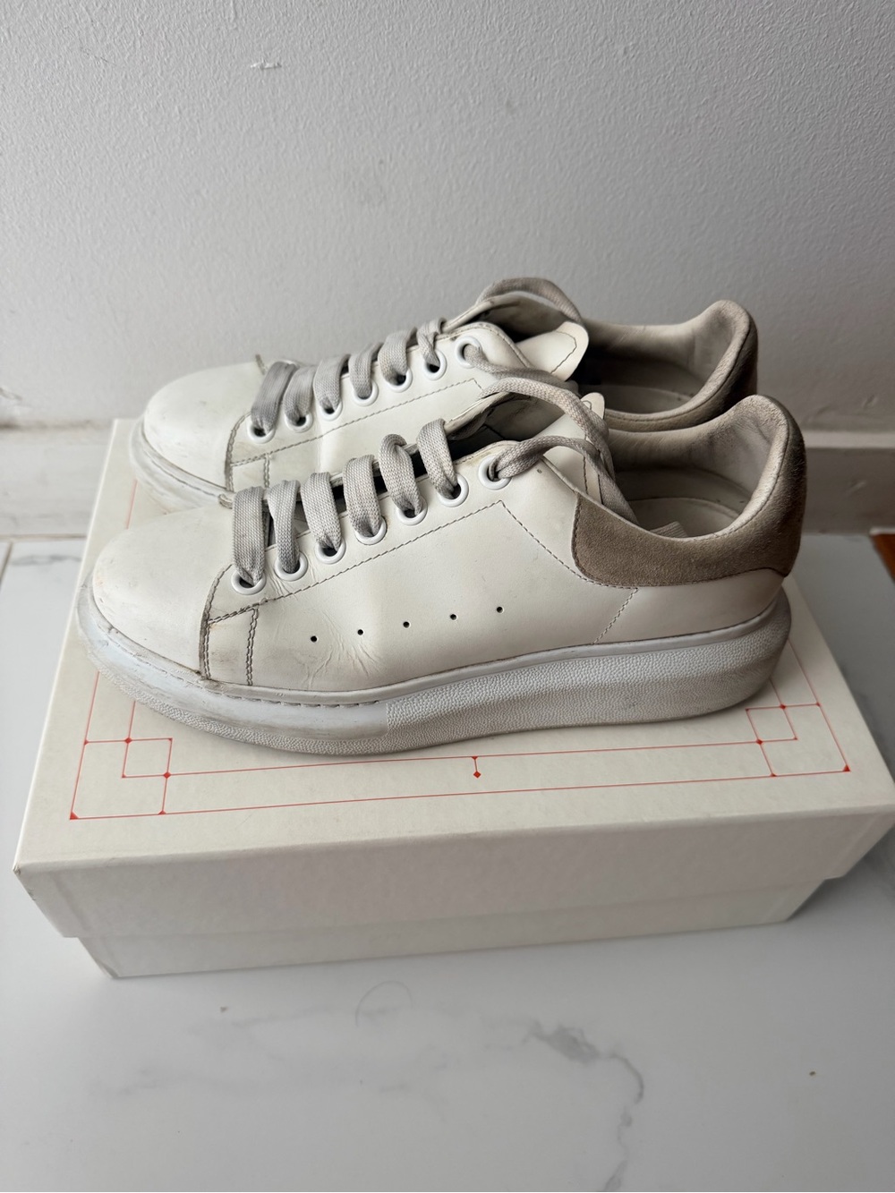 Alexander McQueen White Leather Platform Sneakers with Taupe Heel Accent